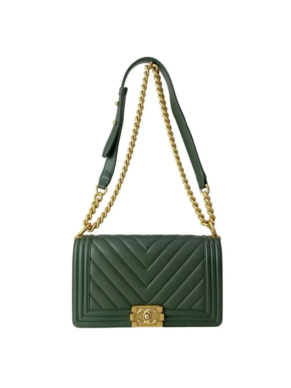 Chanel Shoulder Bag Boy Quilted Dark Green Vintage Gold Chain Leather